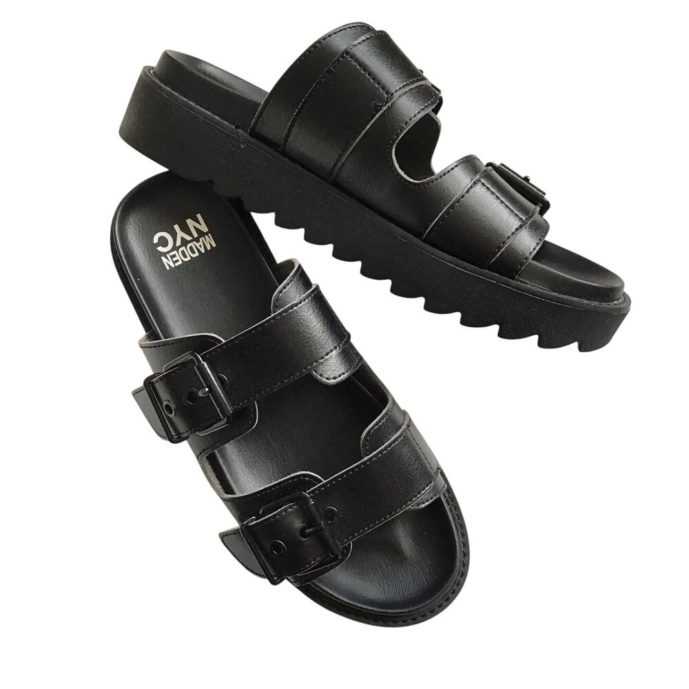 Madden NYC🌿 Black Platform Slide Sandals Women’s Size 9 Buckle Chunky Lug Sole